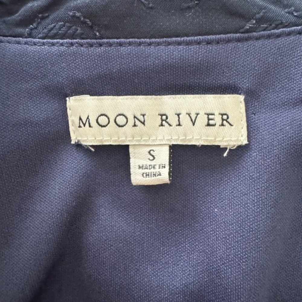 Moon River Navy Polka Dot Midi Dress Small Sheer Long Sleeve Ruffle Tie Belt - Picture 9 of 11